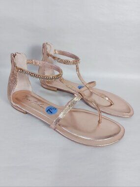 Marc Fisher Dressy Summer Rose Gold Metallic Rhinestone T-strap Sandals Size 7.5